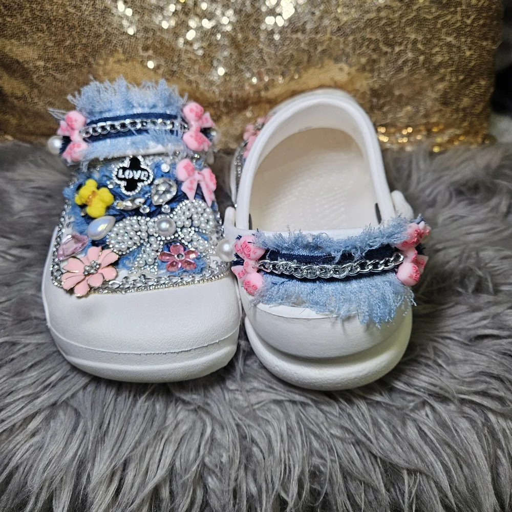 CROCS White Mules with Pink and Blue Embellishments - Picture 2 of 5